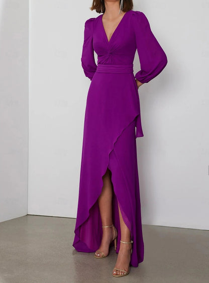 A-Line Wedding Guest Dresses Black Tie Floor Length Long Sleeve V Neck Chiffon Backless with Criss Cross