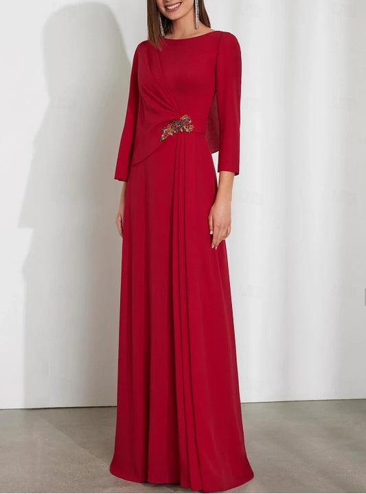 Column Wedding Guest Dresses Floor Length Long Sleeve Jewel Neck Stretch Chiffon