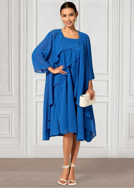 A Line Chiffon Tiered Party Wedding Guest Elegant Formal Crew Neck Long Sleeve Royal Blue Color