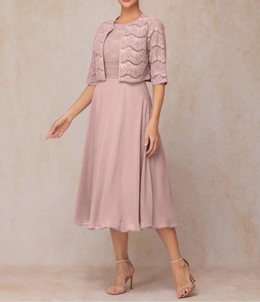 A Line Tea Length Chiffon Lace Mother Of The Bride Dress