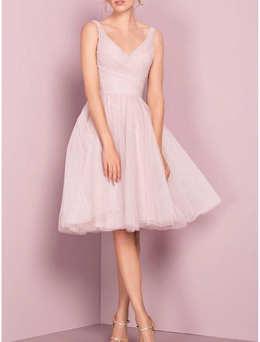 A-Line Cocktail Dresses Flirty Dress Knee Length Sleeveless V Neck Tulle with Pleats