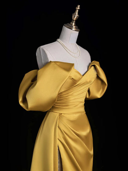 A-Line Off Shoulder Satin Gold Long Prom Dress Evening Dress