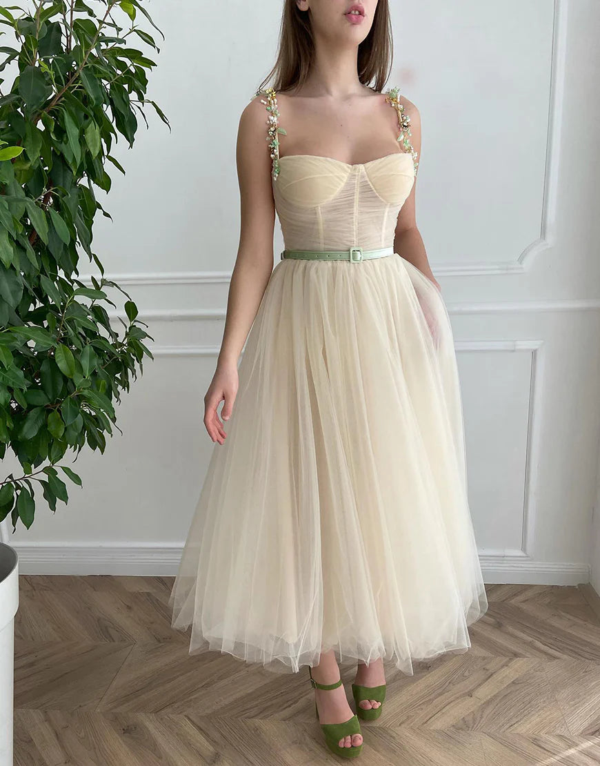 Cute A-Line Apricot Tulle Homecoming Dress with Beading