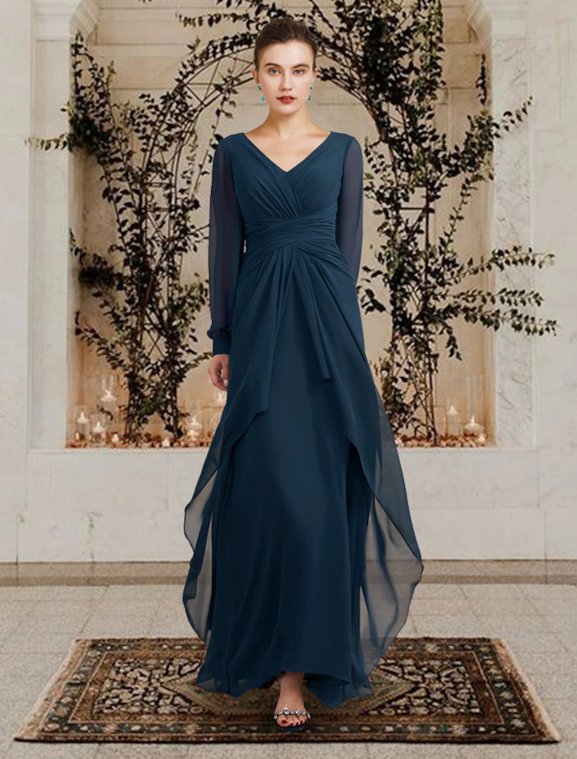 A-Line Mother of the Bride Dress Wedding Guest Elegant V Neck Floor Length Chiffon Long Sleeve with Ruched Ruffles