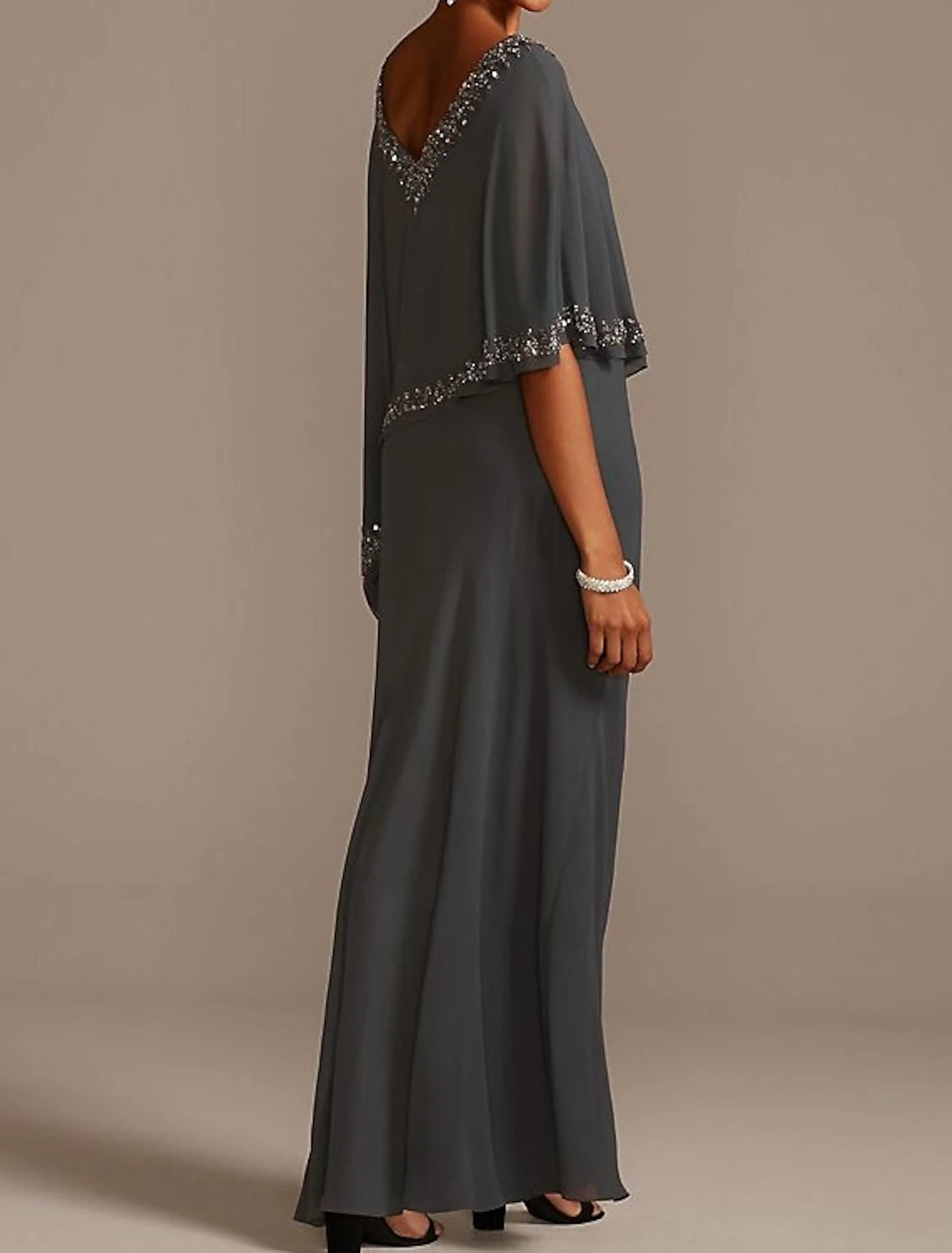 Sheath Mother of the Bride Dress Cape Dress Wedding Guest Elegant V Neck Floor Length Chiffon Half Sleeve with Beading