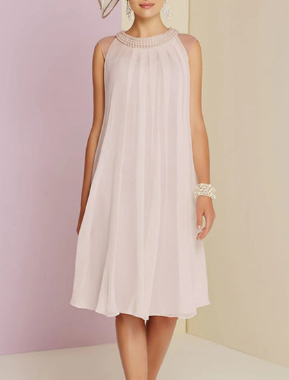 Mother of the Bride Dress Wedding Guest Elegant Jewel Neck Chiffon Sleeveless with Pleats Beading