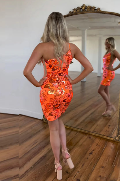 Orange One Shoulder Sequins Bodycon Homecoming Dress