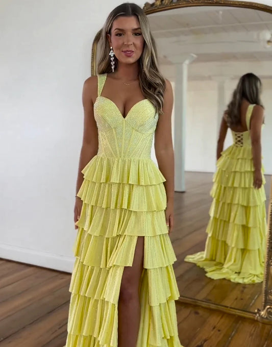 Yellow A Line V-Neck Beaded Long Layered Prom Dress with Slit