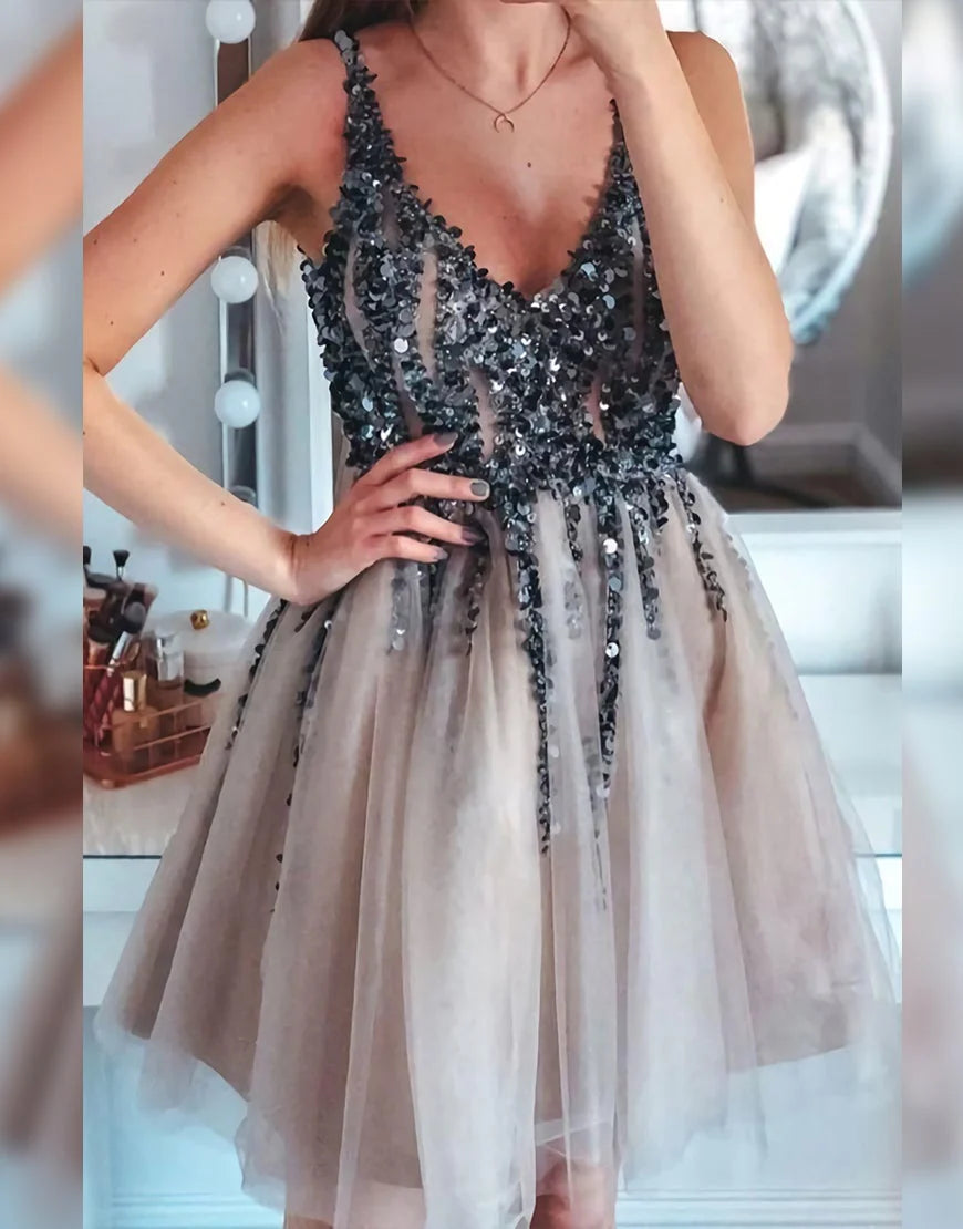 A-Line Pleating Glitter Short Prom Dress Homecoming Dress With Appliques