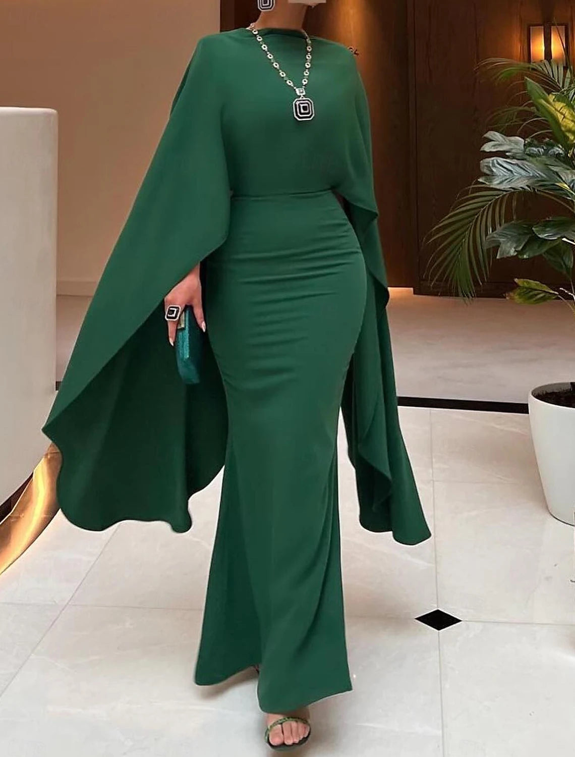 A-Line Evening Gown Party Dress Elegant Sweep / Brush Train Long Sleeve Jewel Neck Stretch Chiffon with Ruffles Slit