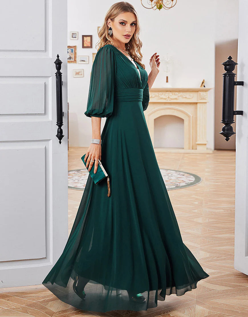 Dark Green A-line Long Sleeves V-neck Chiffon Mother of Bride Dress