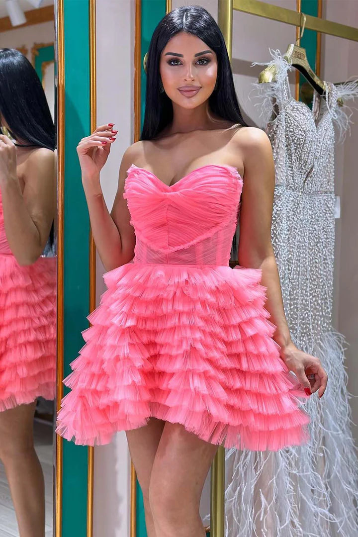 A-Line Princess Tulle Pink Tiered Corset Sweetheart Homecoming Dress