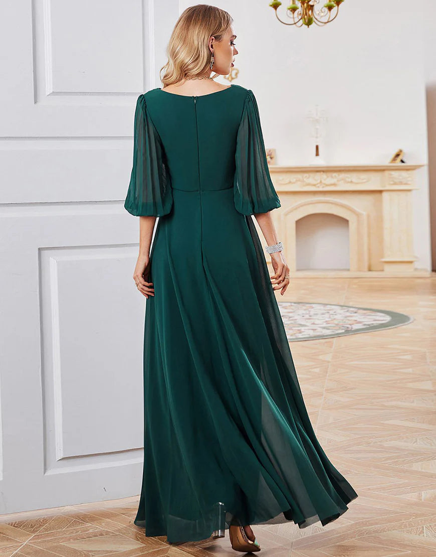 Dark Green A-line Long Sleeves V-neck Chiffon Mother of Bride Dress