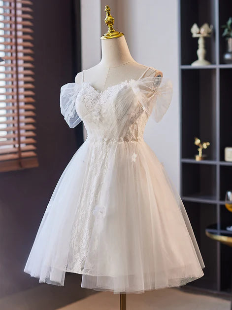 White Tulle with Lace Off Shoulder Short Party Dress Formal Dress