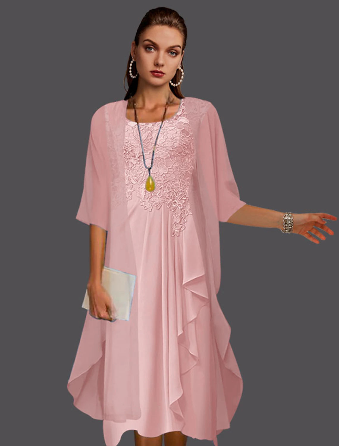 A-Line Mother of the Bride Dress Wedding Guest Elegant Scoop Neck Knee Length Chiffon Lace Sleeveless Jacket Dresses