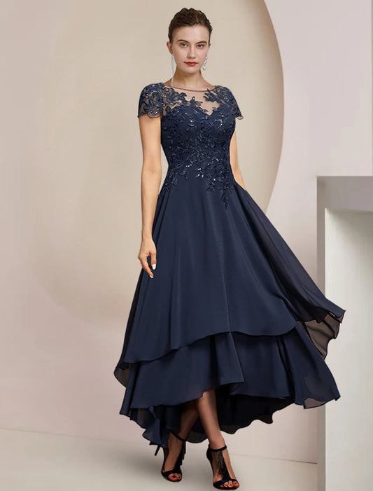 A-Line Mother of the Bride Dress High Low Scoop Neck Asymmetrical Tea Length Chiffon Lace Short Sleeve with Sequin