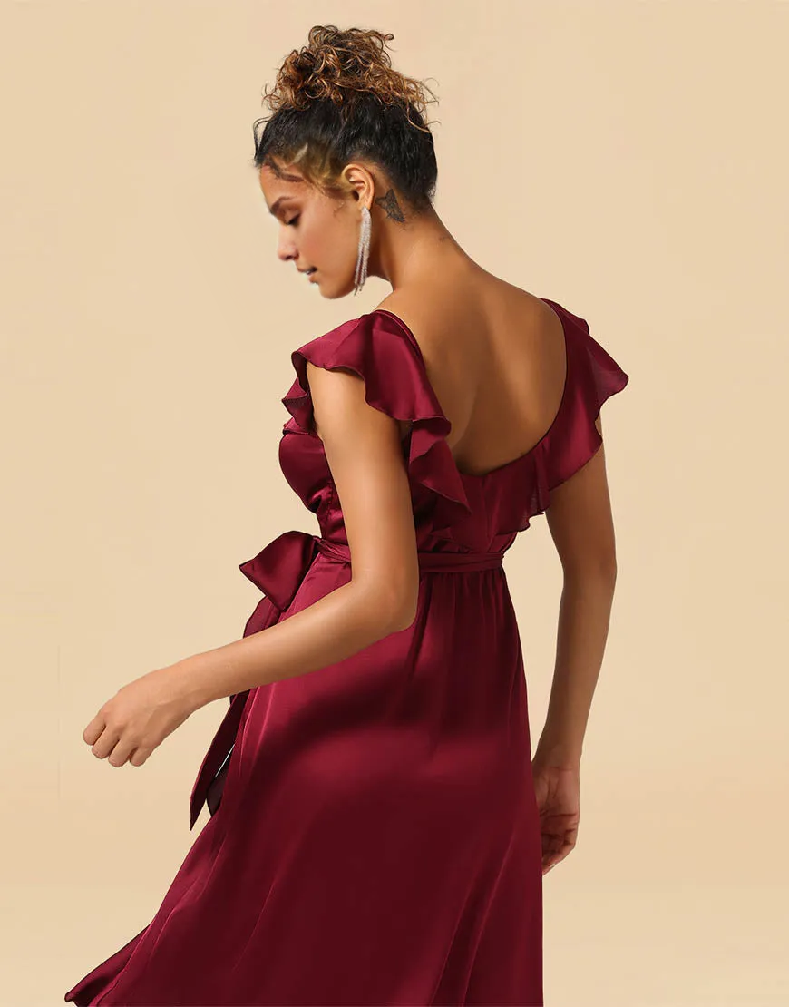 A-Line Party Dresses Asymmetrical Burgundy V-Neck Satin Bridesmaid Dress With Ruffle