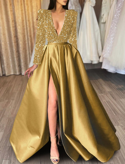 A-Line Evening Gown Formal Plus Size Wedding Court Train Half Sleeve V Neck Satin with Sequin Slit