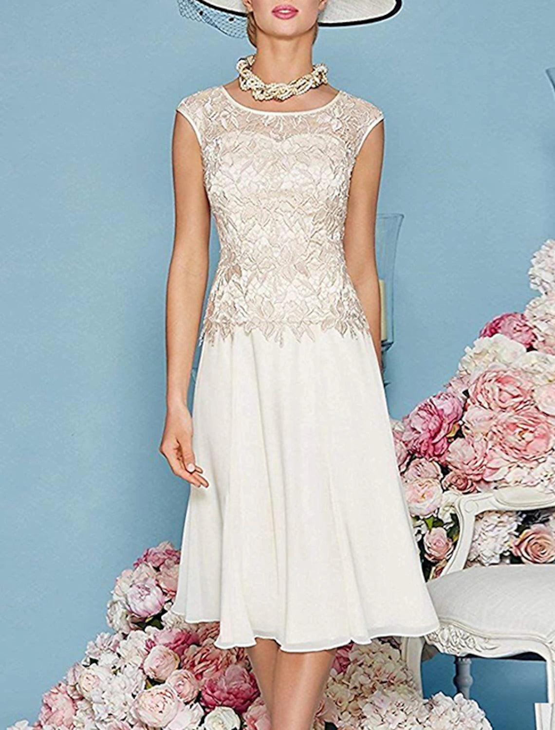 Two Piece Mother of the Bride Dress Wedding Guest Church Jewel Neck Knee Length with Appliques