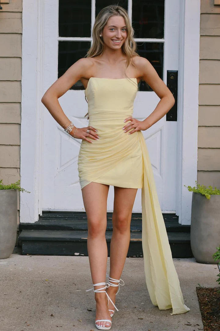 Yellow Strapless Mini Dress Homecoming Dress With Flowing Sash