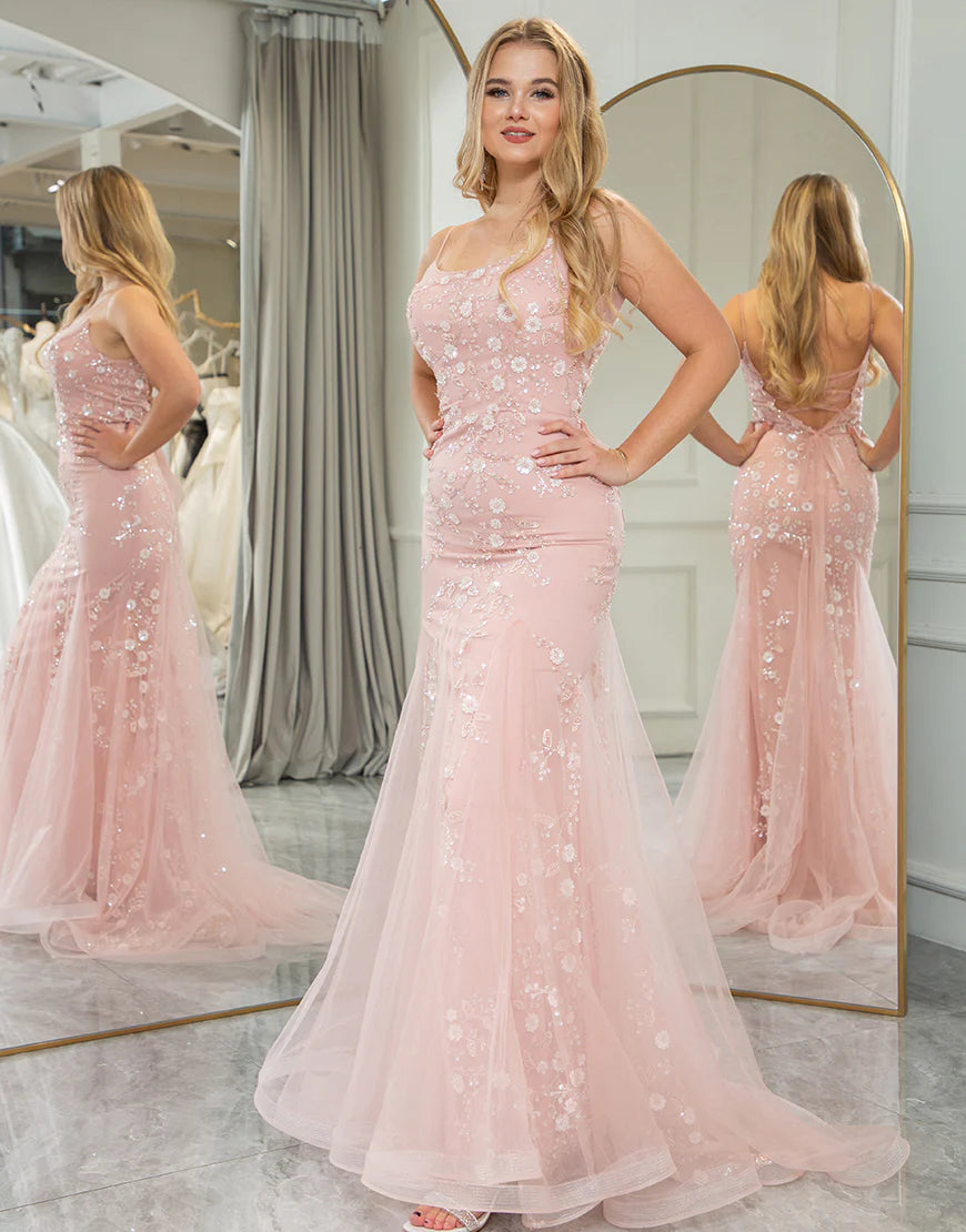 Blush Mermaid Spaghetti Straps Long Appliques Prom Dress With Lace Up Back