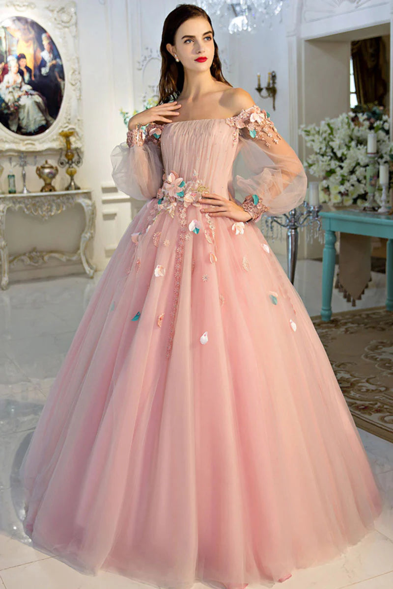 Pink Off Shoulder Tulle Long Prom Dress Ball Gown Sweet 16 Dress Quinceanera Dress