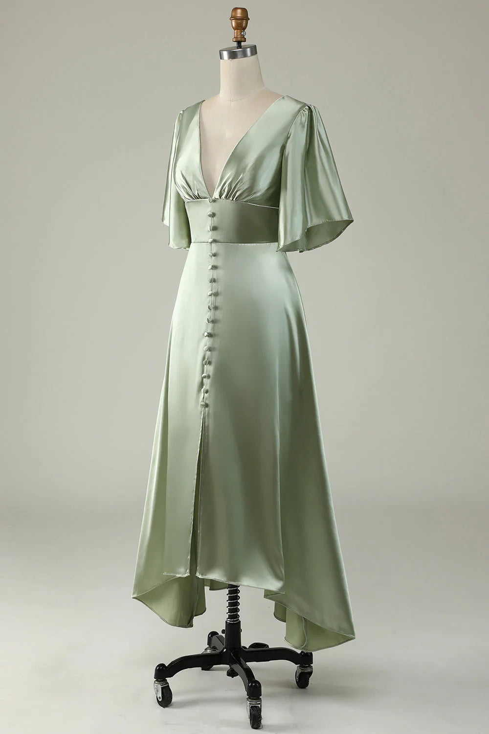 Light Green A-line Deep V-Neck Bridesmaids With Half Sleeves