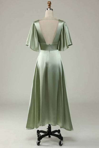 Light Green A-line Deep V-Neck Bridesmaids With Half Sleeves