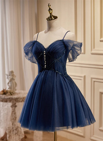 Navy Blue Tulle Beaded Short Prom Dress Off Shoulder Homecoming Dress