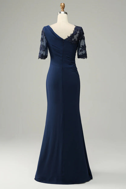 Navy Sheath Long Mother of Bride Dress with Appliques