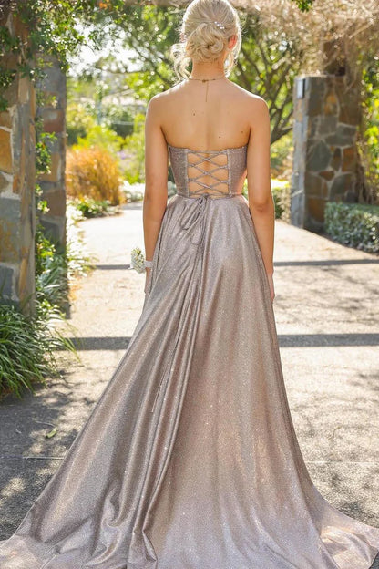 A-Line Strapless Silver High Slit Prom Dress With Lace Up Back