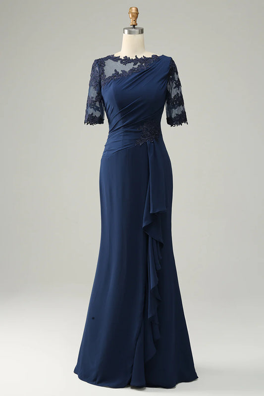 Navy Sheath Long Mother of Bride Dress with Appliques