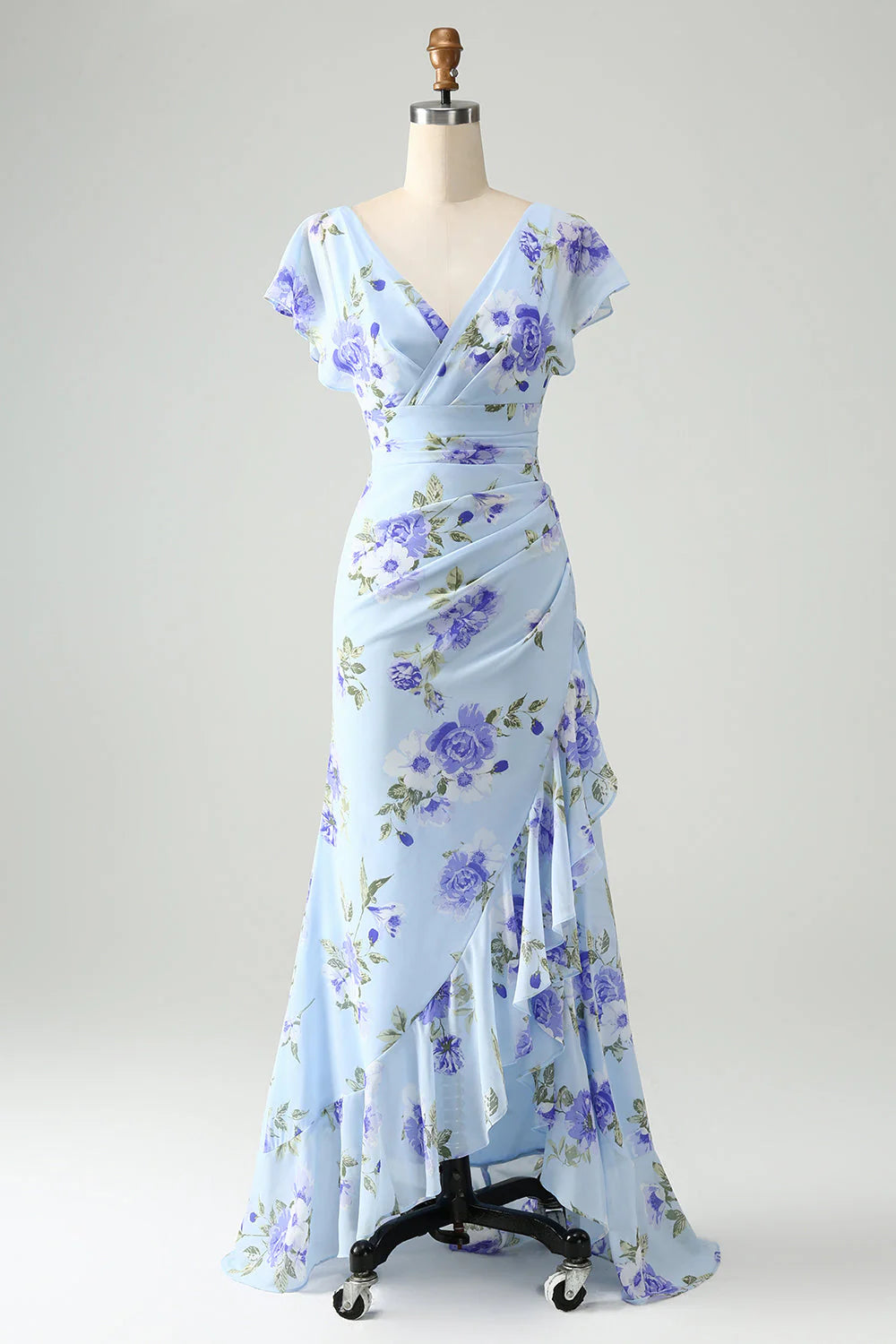 Blue Floral A Line V Neck Asymmetrical Maxi Dress Bridesmaid Dresses with Ruffles