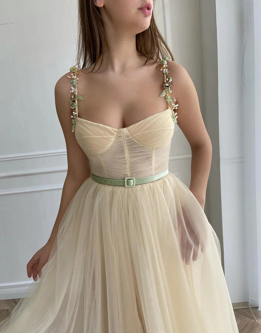 Cute A-Line Apricot Tulle Homecoming Dress with Beading