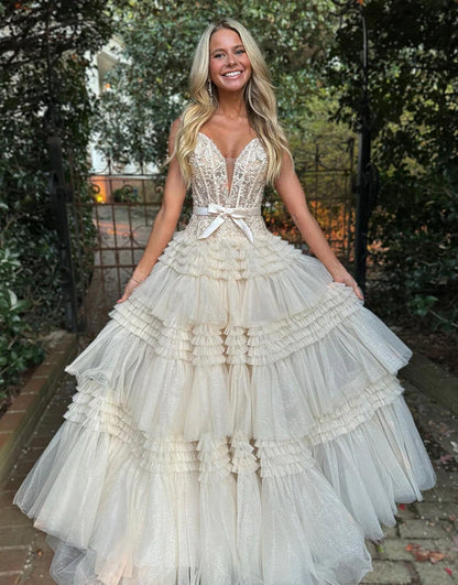 A-Line Princess V Neck Lace Tulle Tiered Long Prom Dress