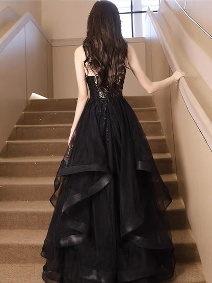 A-Line V Neck Sequin Tulle Black Evening Dress Long Prom Dress With Slit