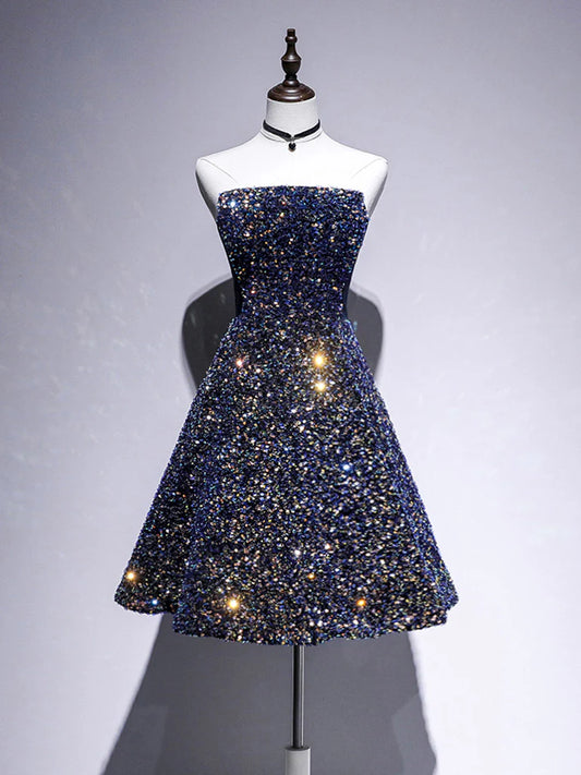 A-Line Sequin Strapless Cocktail Dresses Blue Homecoming Dress