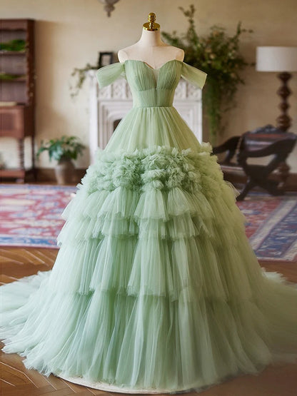 A-Line Off Shoulder Sweet 16 Dress Tulle Green Quinceanera Dress Long Prom Dress