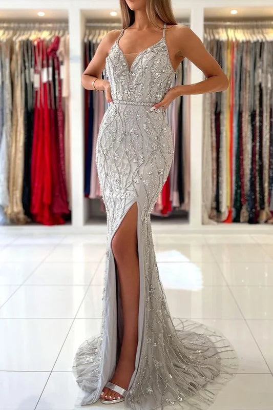 Mermaid Spaghett-Straps Evening Dress Beadings Split Party Gown