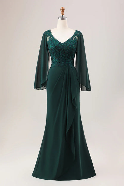 Glitter Dark Green Mermaid V-Neck Chiffon Long Sleeves Mother of Bride Dress