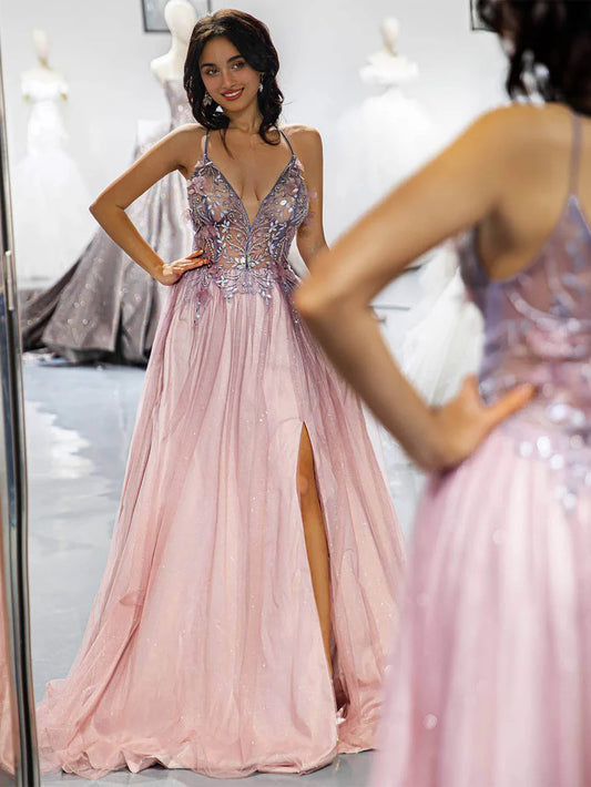 Side Slit 3D Beaded Prom Dress A-Line Princess Tulle Deep V-Neck Prom Dress