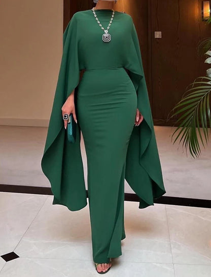 A-Line Evening Gown Party Dress Elegant Sweep / Brush Train Long Sleeve Jewel Neck Stretch Chiffon with Ruffles Slit