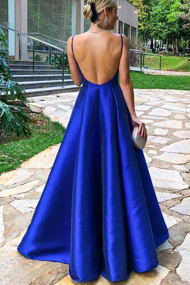 A-Line Spaghetti Straps Royal Blue Satin Prom Dress