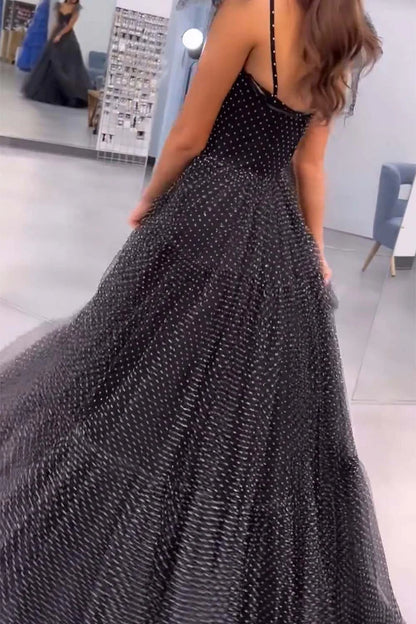 A-Line Princess Tulle Sweetheart Black Polka Dot Prom Dress