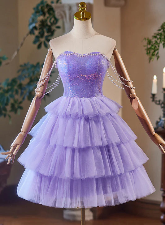 Cute Lavender Tulle and Sequins Short Party Dress Homecoming Dress