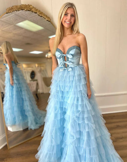 A-Line Princess Strapless Ruffle Tiered Long Prom Dress With Slit