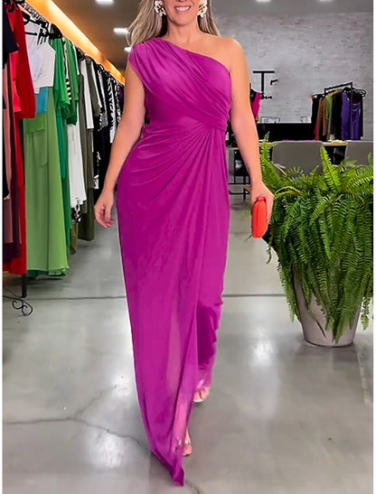 Prom Dress Party Dress Velvet Split One Shoulder Sleeveless Purple Spring Winter