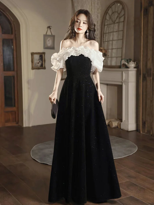 A-Line Off Shoulder Velvet Black Long Prom Dress Evening Dress