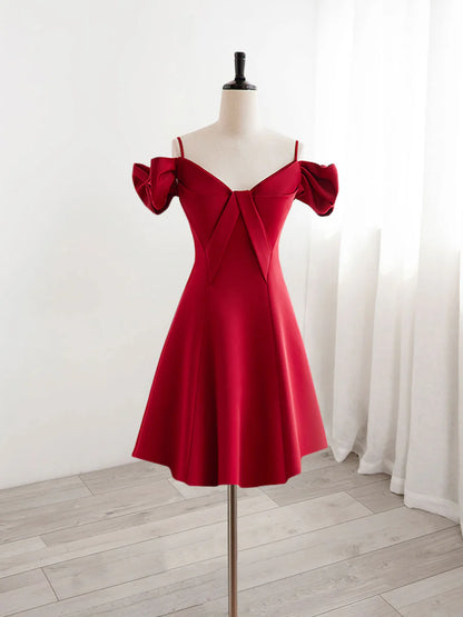 Burgundy V Neck Satin Short Prom Dress Cocktail Dresses