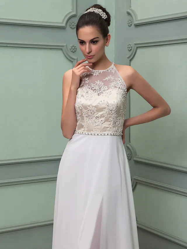 Wedding Dresses Jewel Neck Floor Length Chiffon Lace Regular Straps See-Through with Sash Ribbon Beading Split